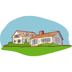 A clipart image of two houses with a green lawn and bushes against a blue sky background.