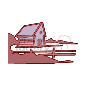 Clipart image of an old wooden cabin with a surrounding fence in a rural setting.