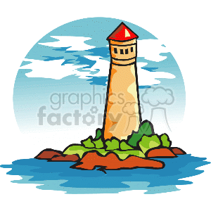 The clipart image shows a colorful lighthouse situated on a small rocky island in the middle of the water. The lighthouse appears to be a classic cylindrical tower with a red top, possibly indicating the lantern room where the light would be housed. The water is depicted with wavy lines to represent ripples or waves, and the sky in the background includes a few clouds.