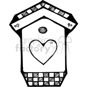 The clipart image shows a country-style birdhouse. This birdhouse is designed to have a charming, rustic appearance, and features a tall structure with a pitched roof. On the front, there is a large heart-shaped entrance or decoration, which conveys a sense of love or welcome to the birds that may visit. The pattern on the lower part of the birdhouse resembles a checkerboard, adding to its quaint, handcrafted look. The overall image suggests an outdoor setting where such birdhouses might be found, commonly seen in gardens or backyards to attract birds.
