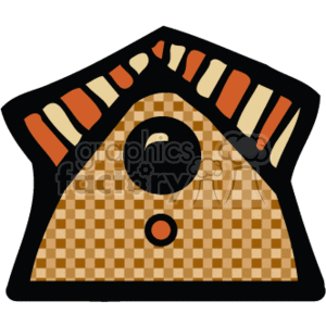 The image depicts a stylized birdhouse clipart. It features a triangular house with a checkered brown pattern, an entrance hole for birds, and a decorative pattern along the roofline which has a country style to it. The birdhouse is designed to resemble the kind of structures provided for birds to nest in.