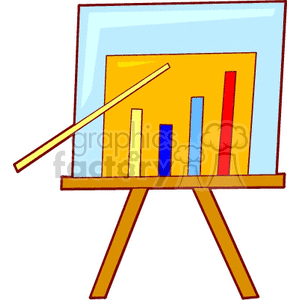 An easel displays a bar chart with four colorful bars and a pointer indicating one of the bars.