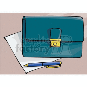 Clipart image of a blue briefcase with a yellow clasp, placed on a piece of paper alongside a pen.