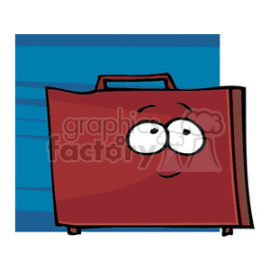 Clipart of a cartoon briefcase with eyes and a smiling expression against a blue background.