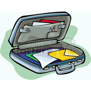 Open briefcase with documents, folders, and pens.