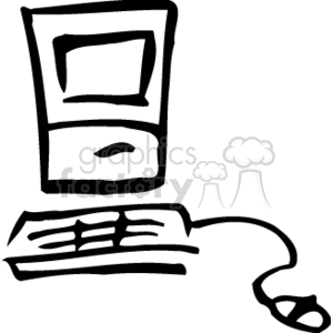 A black and white clipart image of a desktop computer with a monitor, keyboard, and mouse.