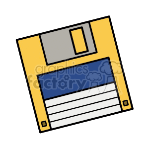 A clipart image of a yellow and blue floppy disk, a type of data storage device commonly used in the past.
