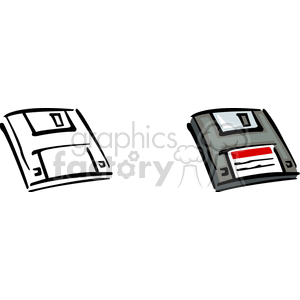 Clipart image showing two floppy disks, one outlined and the other colored in.