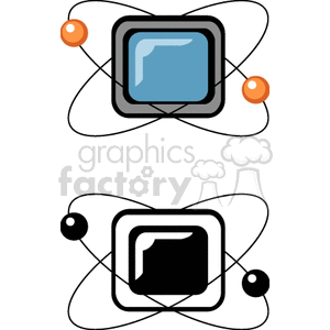 Clipart image of two atomic structures featuring stylized squares at the center, surrounded by orbiting electrons in blue and black colors.