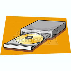 Clipart of a CD drive with a CD inserted on an orange background.