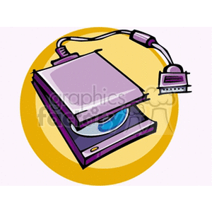 Clipart image of an external CD/DVD drive with a cable and a disc inside.