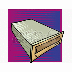 Clipart image of a floppy disk drive on a purple and blue background.