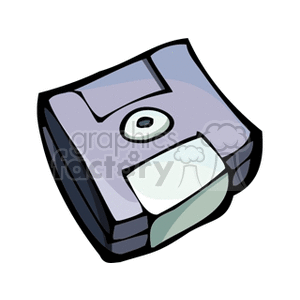 Cartoon-style clipart of a floppy disk, featuring bold outlines and a simplistic design.