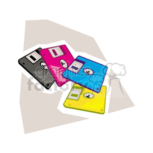 Colorful clipart image of four floppy disks in pink, blue, yellow, and black stacked together.