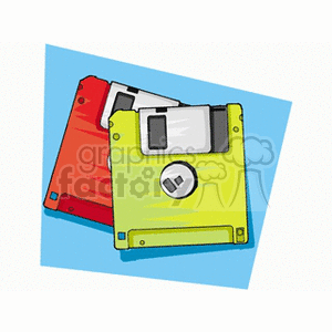 Illustration of two retro floppy disks, one red and one yellow, on a blue background.