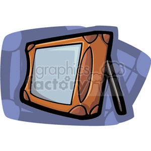 Clipart image of a brown picture frame with a stand on a blue abstract background.