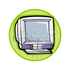 Clipart of a retro-style CRT computer monitor with a green circular background.