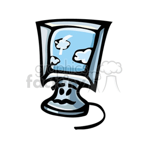 Cartoon-style computer monitor with a face and a cloud pattern on the screen.