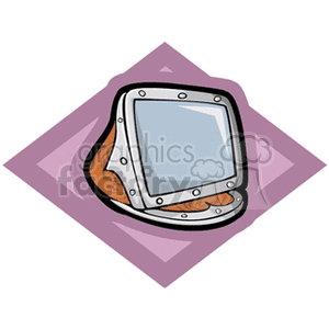 Clipart image of a vintage computer monitor with metal casing on a purple diamond background.