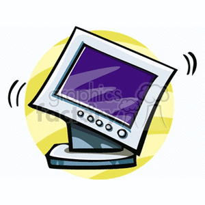 Cartoon-style clipart of a computer monitor shaking, with a purple screen and a yellow circular background.