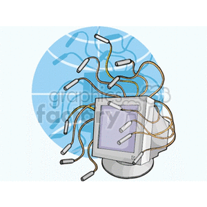 A clipart image of a computer monitor with multiple cables extending from it, set against a blue globe background, symbolizing global connectivity.