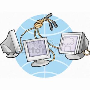 Clipart image of three computer monitors connected by tangled cables, against a globe background.