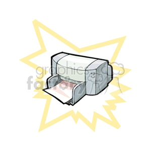 Clipart image of a printer with paper, surrounded by a yellow starburst design.