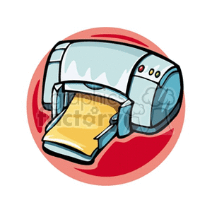 A colorful clipart image of a printer with paper coming out, set against a red circular background.