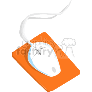The clipart image shows a computer mouse placed on top of a mouse pad. The mouse appears to be a classic two-button wired mouse with a scroll wheel. The mouse pad is rectangular and orange. This represents items typically associated with a desktop computing setup often used in business or personal work environments.