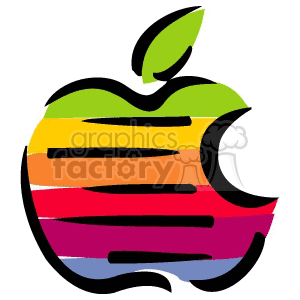 A clipart image of an apple with a bite taken out, featuring horizontal rainbow stripes.