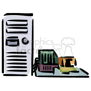 Clipart image of a computer tower with electronic components.