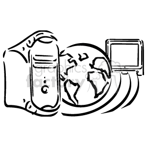 Black and white clipart of a computer tower, a globe, and a tablet, symbolizing global communication or networking.