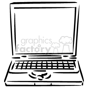 Black and white sketch-style clipart of a laptop computer with an open screen and visible keyboard.