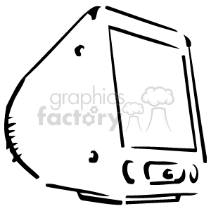 A black and white clipart illustration of a retro desktop computer monitor with a rounded back design, resembling early personal computer models.