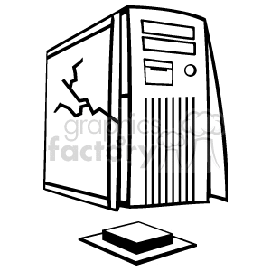 A clipart illustration of a broken computer tower with cracks on the side and a large push button nearby.