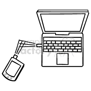 A clipart image depicting a laptop connected to a handheld device, illustrating data transfer or synchronization.