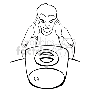 Black and white clipart illustration of a frustrated person holding their head while looking at a computer with an error symbol on the screen.