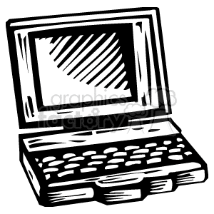 Black and white clipart illustration of an open laptop.