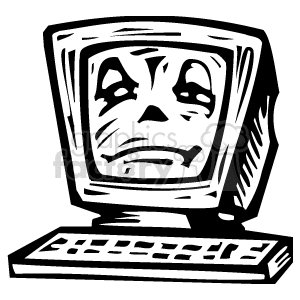 A sad face is displayed on a computer monitor in this black and white clipart image.