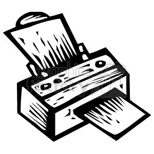 A black and white clipart image of a printer with paper.