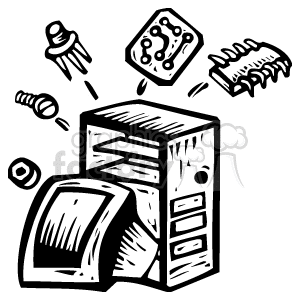 Clipart image of a computer case with various components like circuits, screws, and electronic parts flying around.