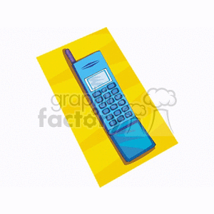 Clipart illustration of a retro blue mobile phone with an antenna on a yellow background.