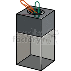 A clipart image of a gray box with a magnetic top holding two paperclips, one orange and one green.