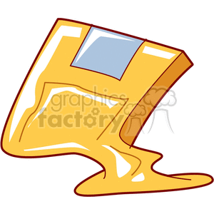 Cartoon drawing of a melting floppy disk with a blue label.