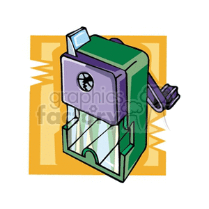 Clipart image of a manual pencil sharpener, featuring a green and purple casing with a crank handle.