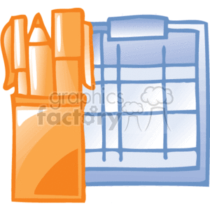 The image depicts a simplified or stylized representation of office supplies, including a holder filled with pens and a calendar, possibly indicating scheduling or planning tools typically found in a business environment. The items are rendered in a clipart style suitable for presentations, websites, or printed materials related to office work or organization.