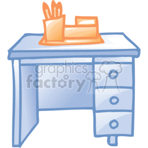 The clipart image depicts a simple office desk. The desk is colored blue and gray, with a side drawer unit consisting of four drawers. On top of the desk, there's a folder or file organizer with several compartments containing papers or files, which are shown in an orange and yellow color. Also, there appear to be some writing instruments like pens or pencils standing upright in a holder. The image represents typical items one might find in a business or office setting, emphasizing a neat and organized workspace.