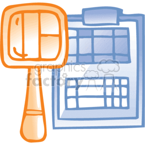 The clipart image shows a magnifying glass positioned over a clipboard with a paper that appears to have tables or charts on it. The magnifying glass is commonly used as a symbol for analysis, scrutiny, or close examination, while the clipboard with documents indicates organization, assessments, or record-keeping. This image evokes themes related to business, office work, research, or the management of information and data.