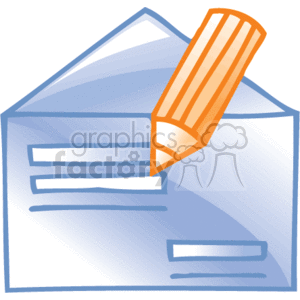 The clipart image displays an open envelope. Resting on top of this partially exposed document is a pencil angled as though it is in the process of writing. The image represents business office supplies, such as those used for correspondence or stationary, and suggests themes of communication, office work, or administrative tasks.