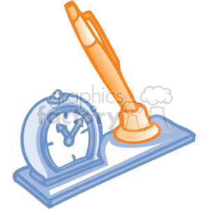 The clipart image depicts a set of business office supplies. There's a desk organizer that includes a pen stand with a single pen and a small clock indicating the element of time management. The desk organizer is streamlined and stylized, typical of clipart, with a blue and orange color scheme. The clock appears to be an analog type with clock hands, and the pen is placed in a diagonal position, suggesting readiness for use. This image may convey themes of office work, time management, organization, and professionalism.